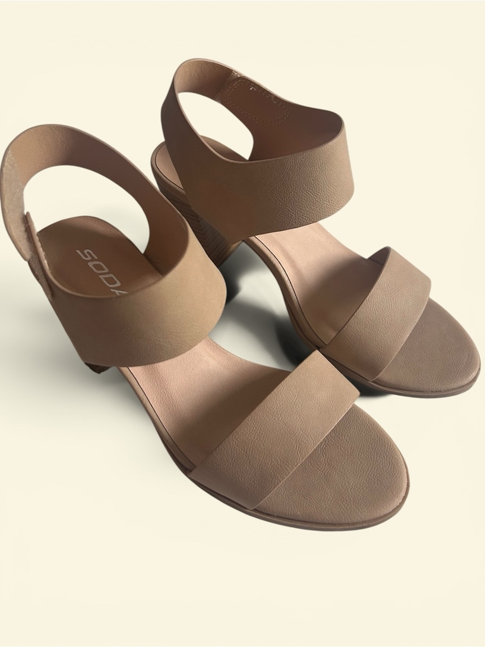 Soda Women's Tan Two-Band High Heel Sandals. Size 9